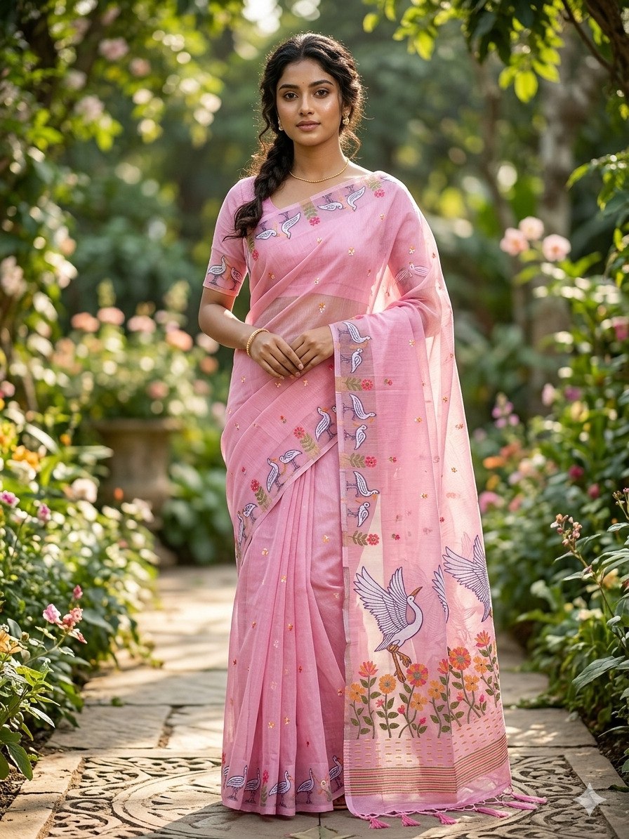 Premium Linen Slub Saree with Rich Pallu and Zari Border