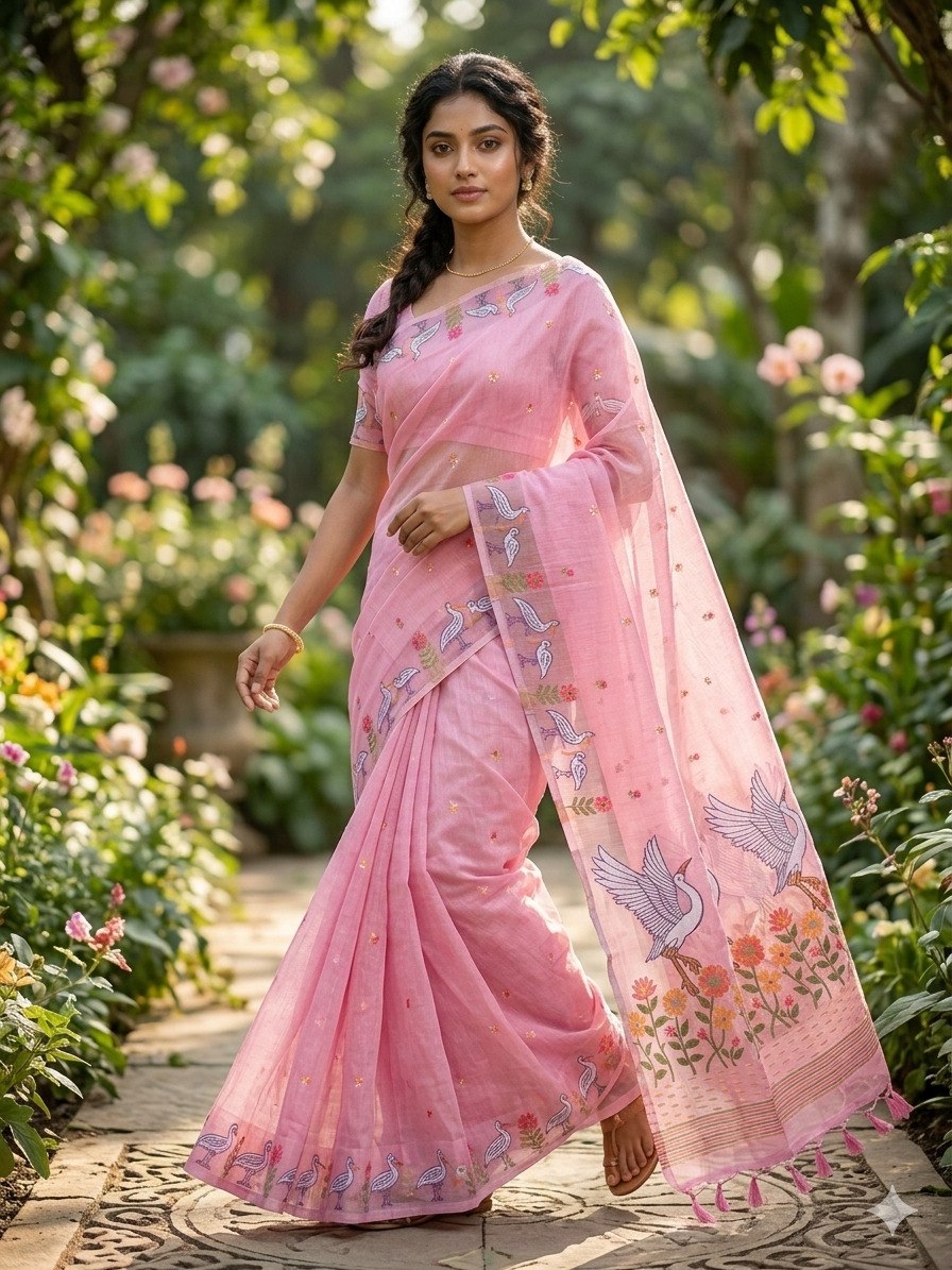 Premium Linen Slub Saree with Rich Pallu and Zari Border