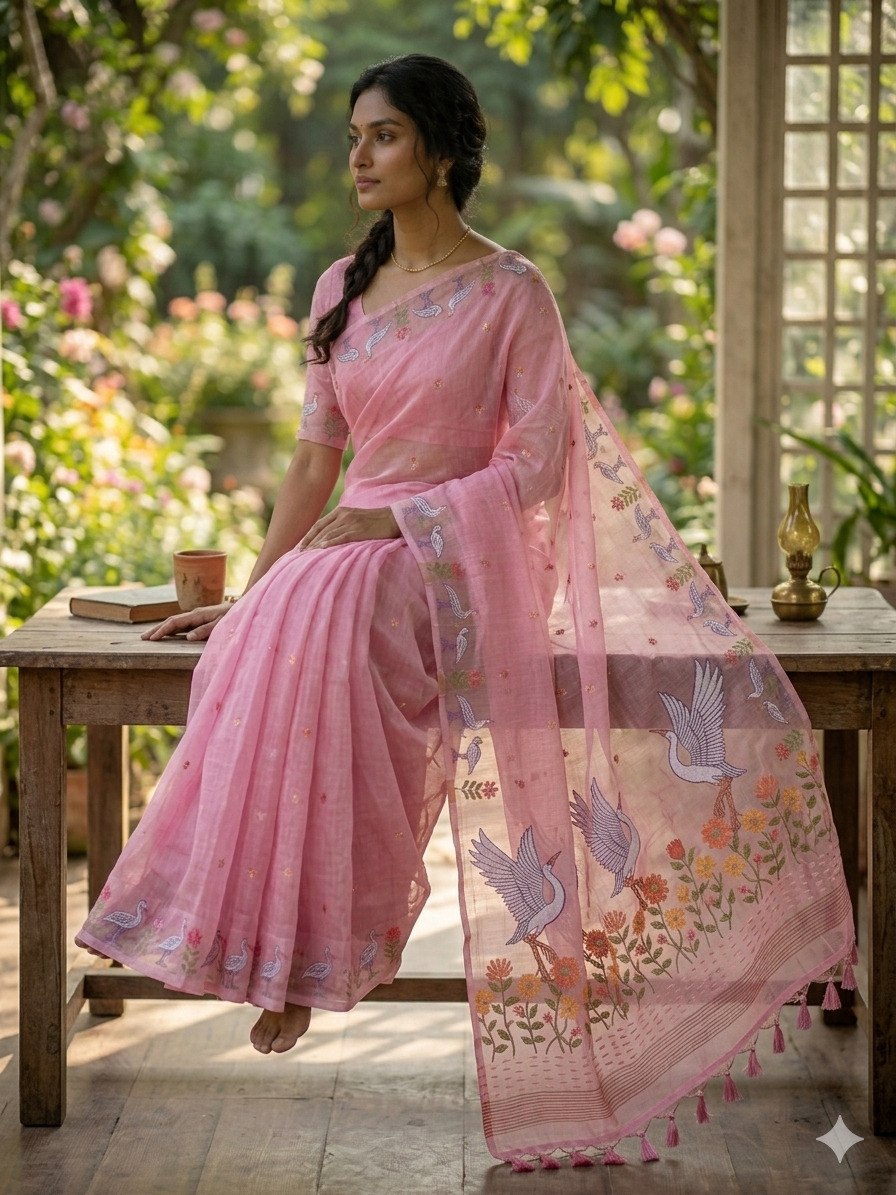 Premium Linen Slub Saree with Rich Pallu and Zari Border