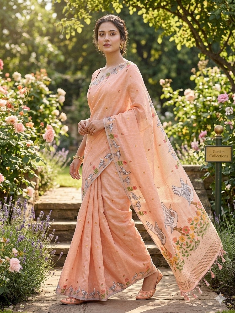 Women’s Soft Linen Slub Jacquard Saree with Rich Pallu & Zari Weave Border