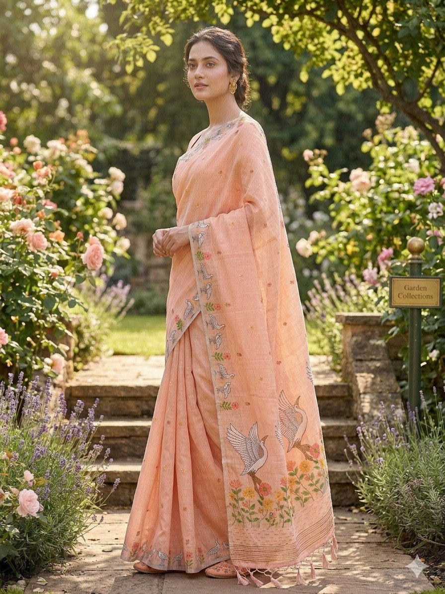 Women’s Soft Linen Slub Jacquard Saree with Rich Pallu & Zari Weave Border