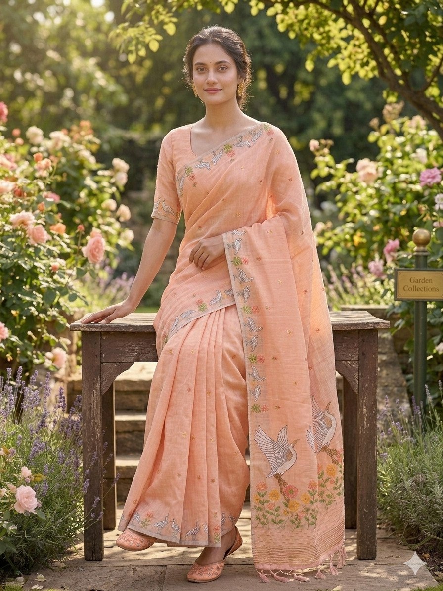 Women’s Soft Linen Slub Jacquard Saree with Rich Pallu & Zari Weave Border