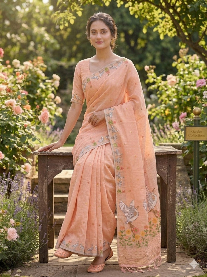 Women’s Soft Linen Slub Jacquard Saree with Rich Pallu & Zari Weave Border SurMira Fashion