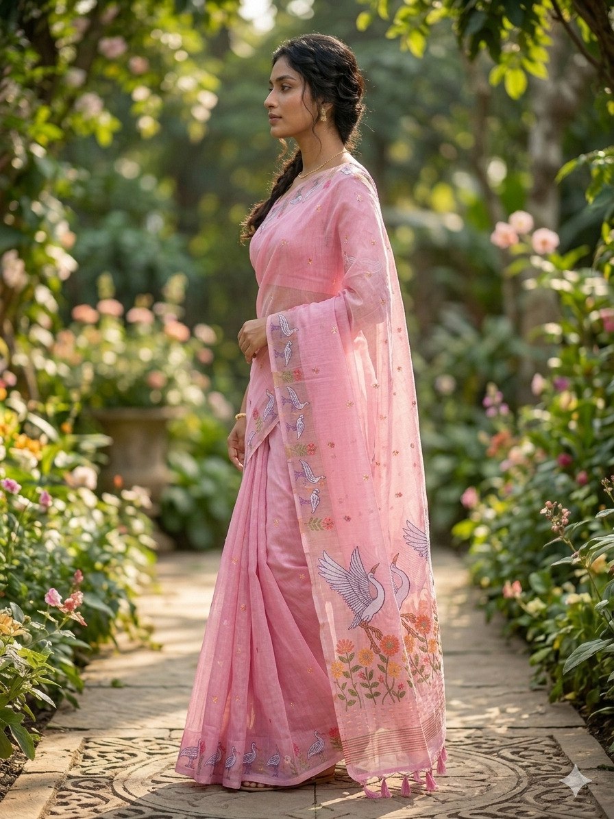 Premium Linen Slub Saree with Rich Pallu and Zari Border