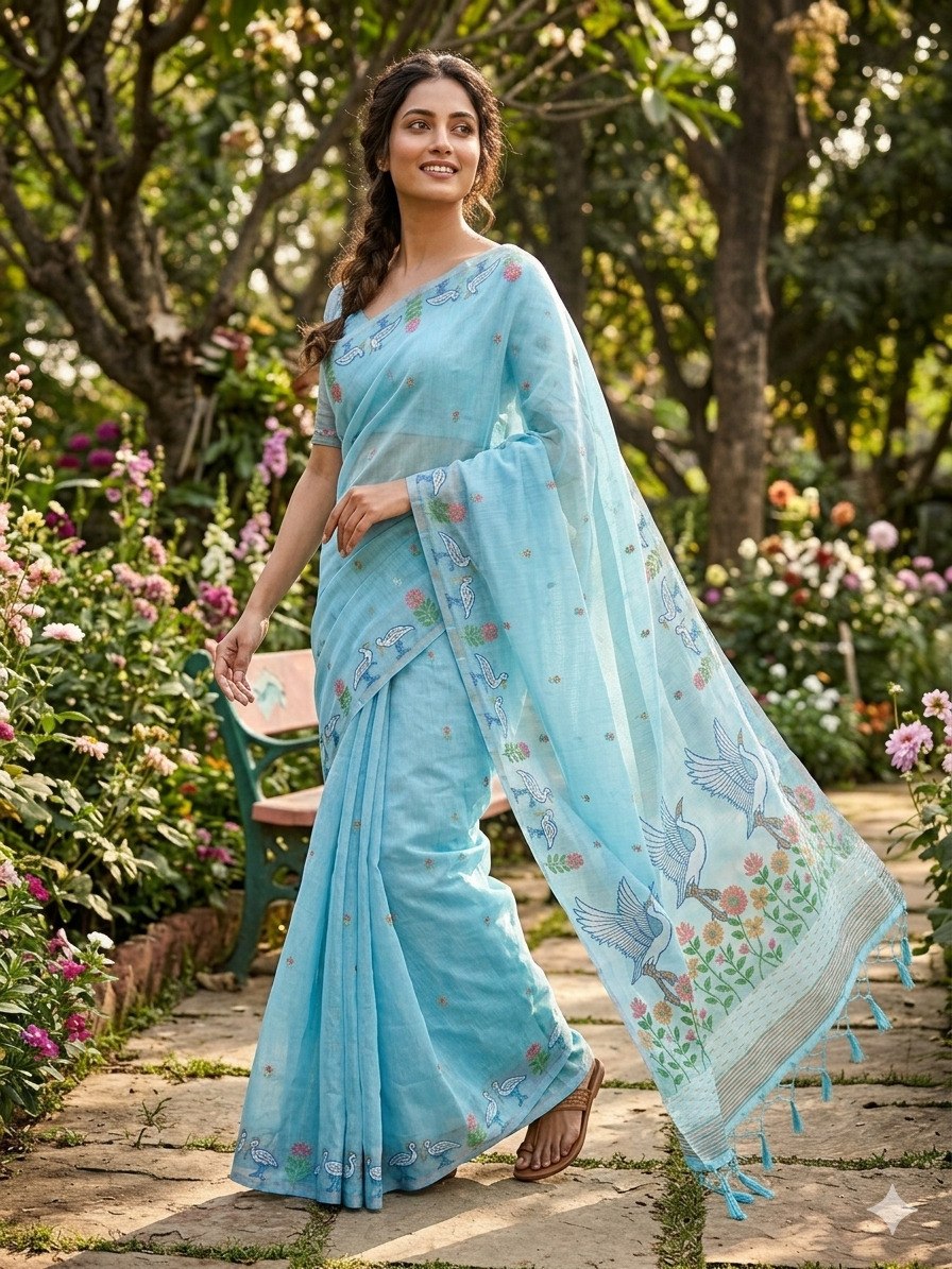 Premium Linen Slub Saree with Rich Pallu and Zari Border