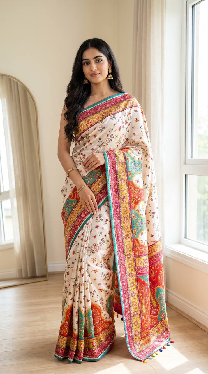 Women’s Modal Ultra Silk Crepe Saree with Position Print, Real Mirror Work & Kodi Latkan