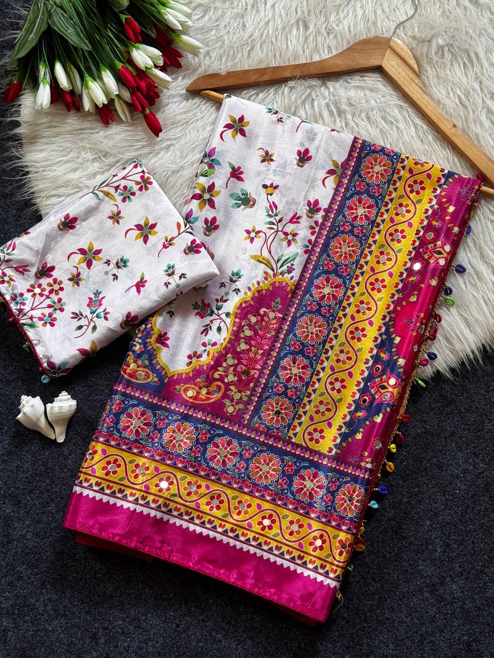 Women’s Modal Ultra Silk Crepe Saree with Position Print, Real Mirror Work & Kodi Latkan