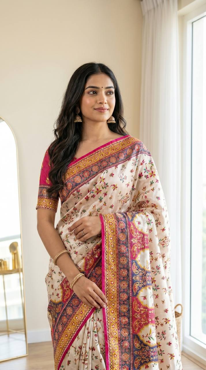 Women’s Modal Ultra Silk Crepe Saree with Position Print, Real Mirror Work & Kodi Latkan