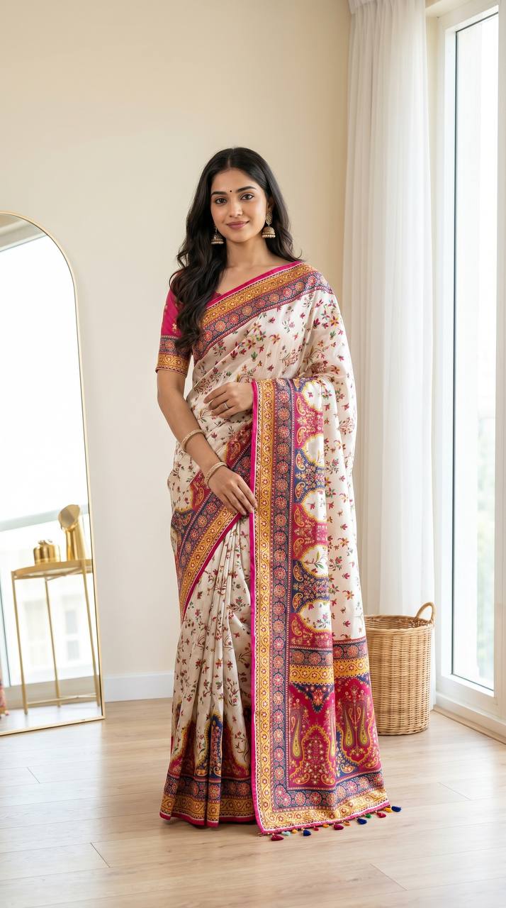 Women’s Modal Ultra Silk Crepe Saree with Position Print, Real Mirror Work & Kodi Latkan