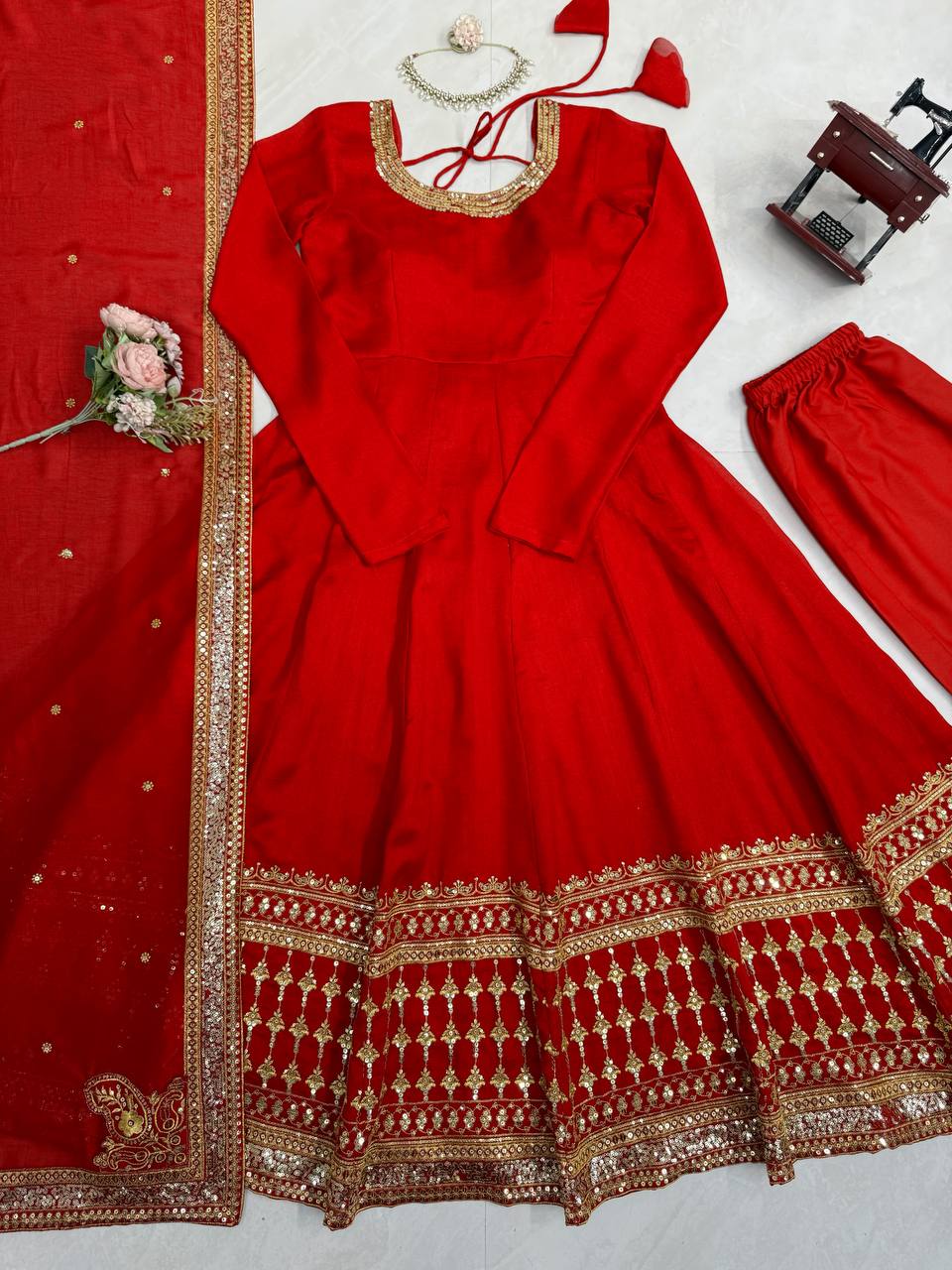 Heavy Flair Vichitra Silk Embroidered Gown Set