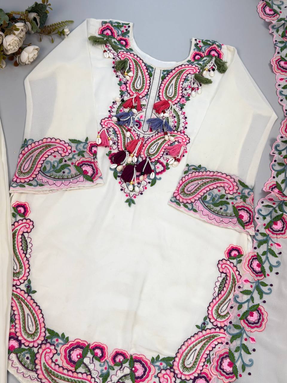 Designer Heavy Georgette Farshi Salwar Suit with Embroidered Dupatta