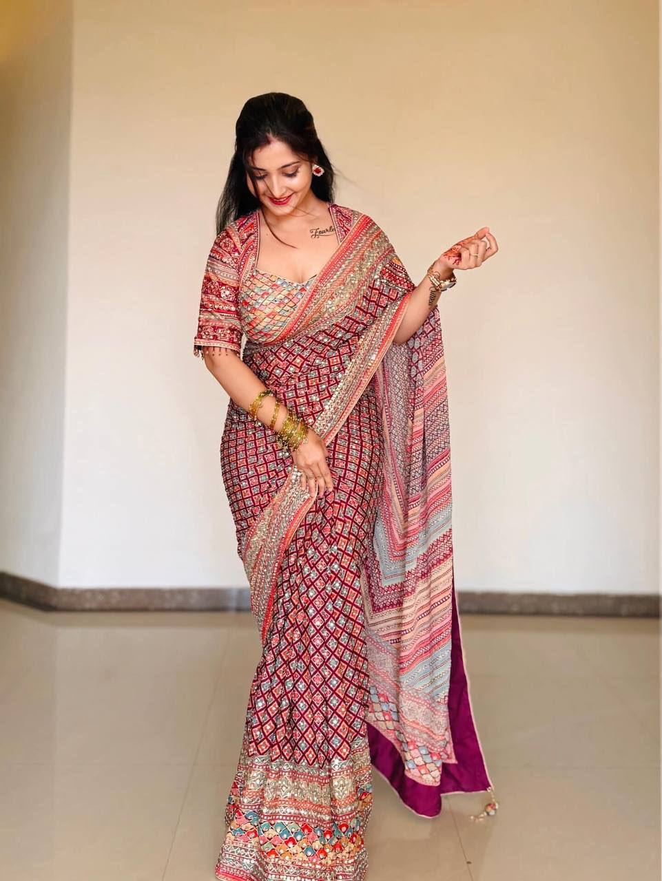 Women’s Roman Silk Saree with Position Print, Real Mirror Work & Kodi Latkan Pallu