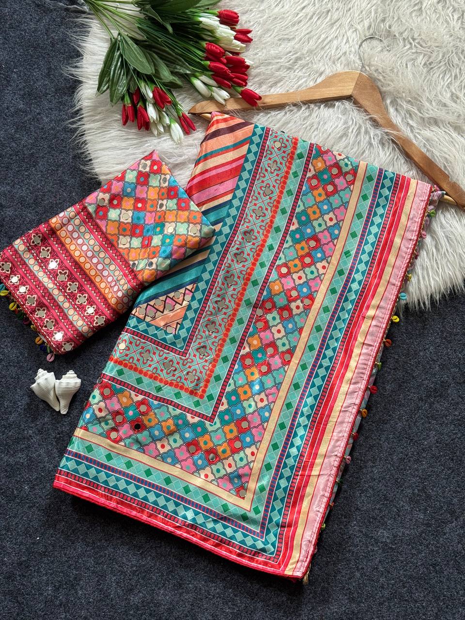 Women’s Roman Silk Saree with Position Print, Real Mirror Work & Kodi Latkan Pallu