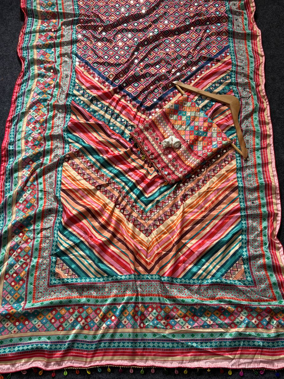 Women’s Roman Silk Saree with Position Print, Real Mirror Work & Kodi Latkan Pallu