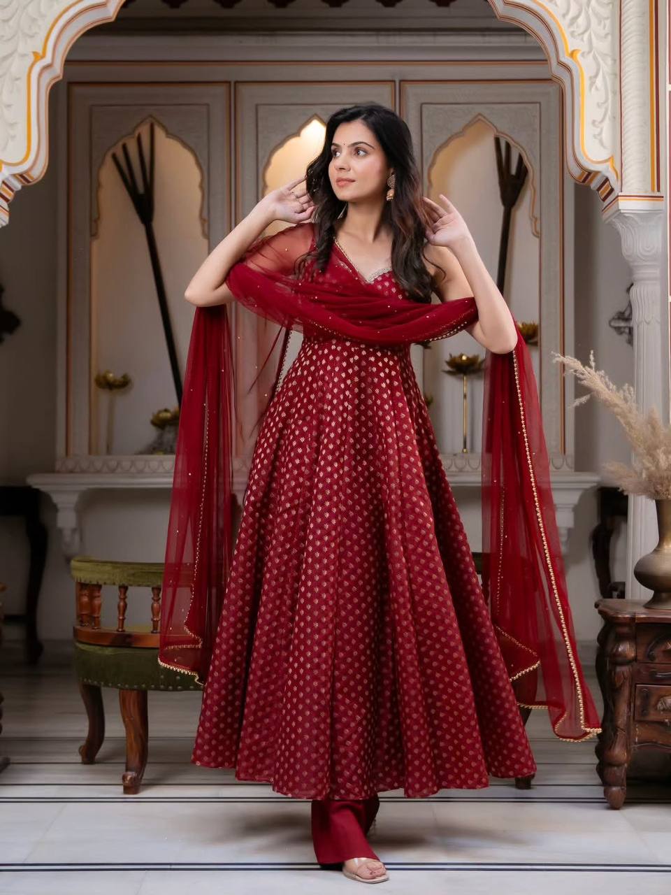 Royal Chanderi Jacquard Anarkali Suit Set With Pant & Pearl Dupatta
