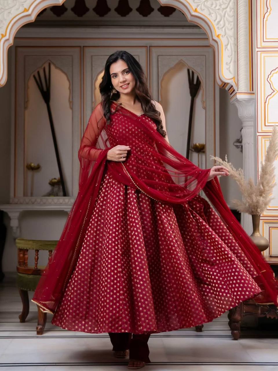 Royal Chanderi Jacquard Anarkali Suit Set With Pant & Pearl Dupatta
