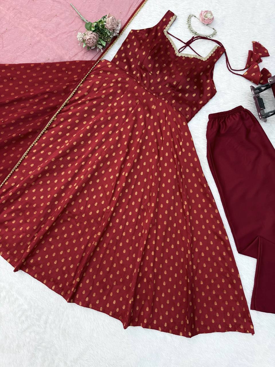 Royal Chanderi Jacquard Anarkali Suit Set With Pant & Pearl Dupatta