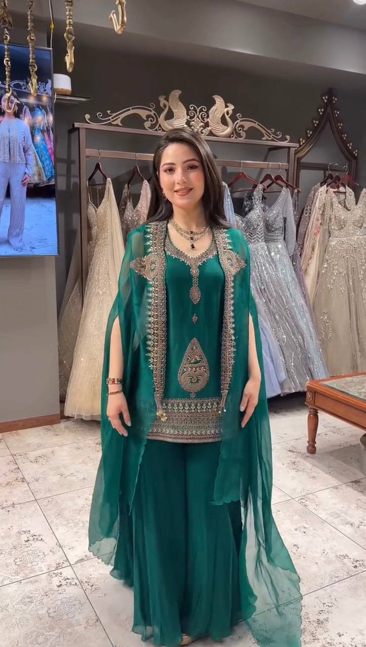 Women's Rangoli Embroidered Kurti Palazzo Set with Shrug