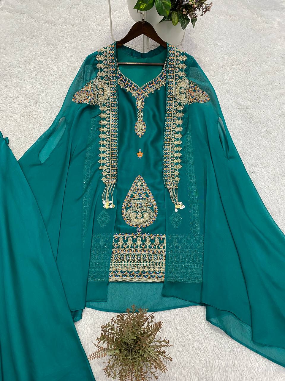 Women's Rangoli Embroidered Kurti Palazzo Set with Shrug