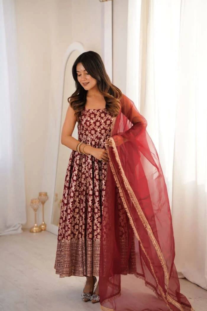 Latest Chanderi Jacquard Embroidered Anarkali Pant Set