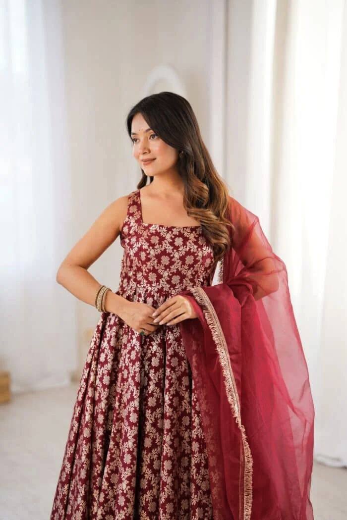 Latest Chanderi Jacquard Embroidered Anarkali Pant Set