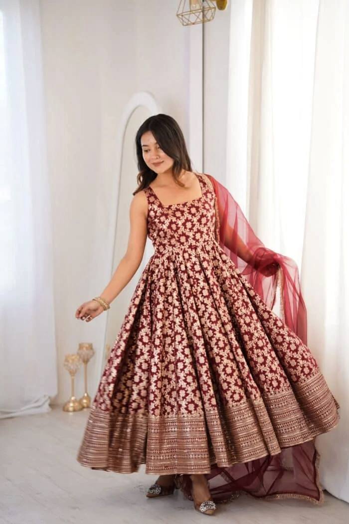 Latest Chanderi Jacquard Embroidered Anarkali Pant Set
