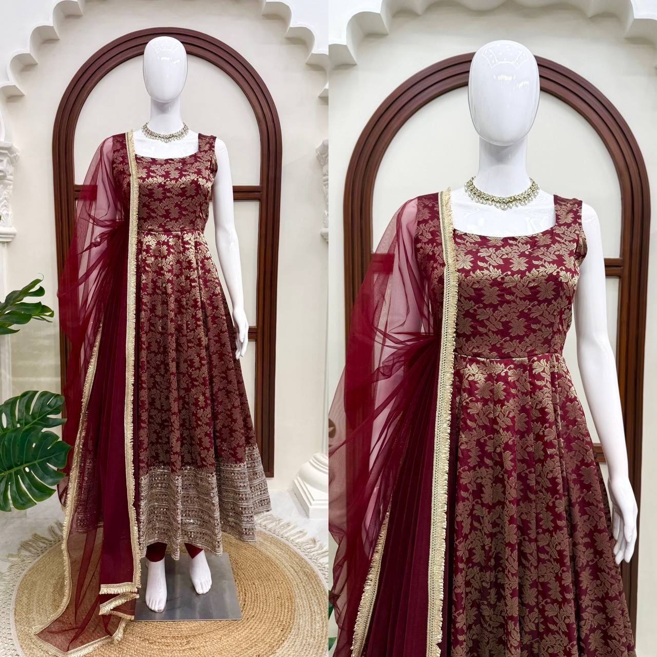 Latest Chanderi Jacquard Embroidered Anarkali Pant Set