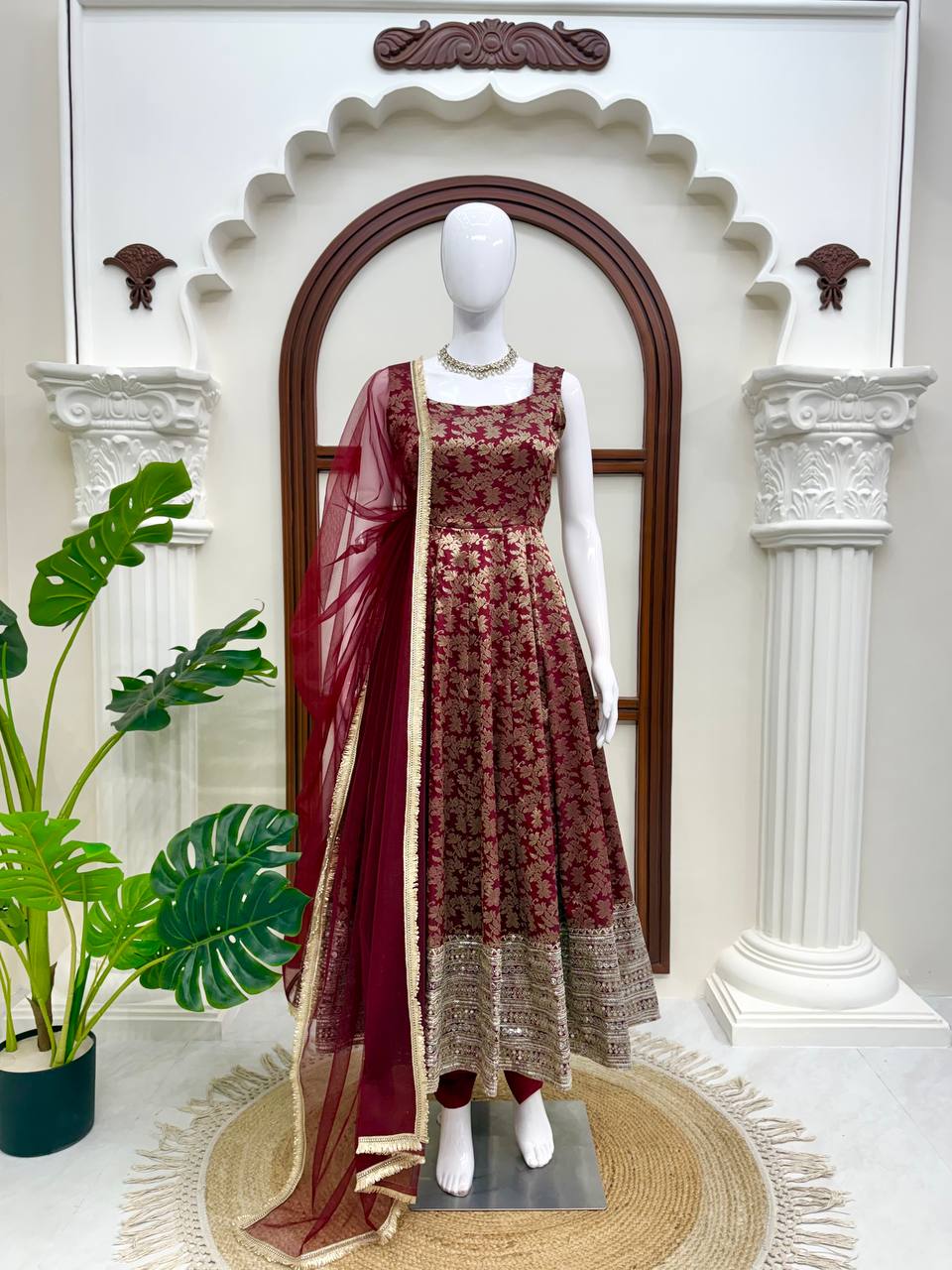 Latest Chanderi Jacquard Embroidered Anarkali Pant Set