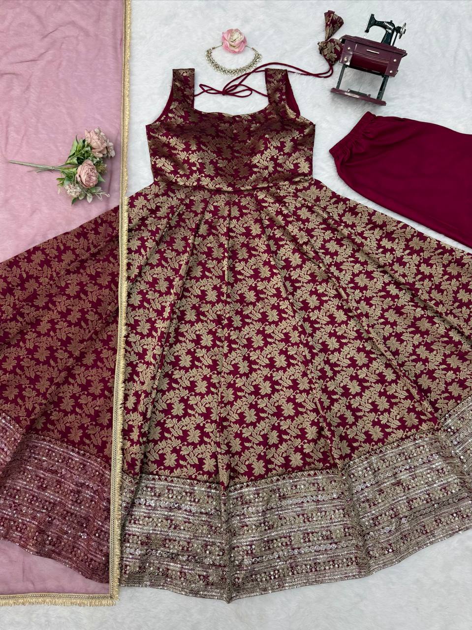 Latest Chanderi Jacquard Embroidered Anarkali Pant Set