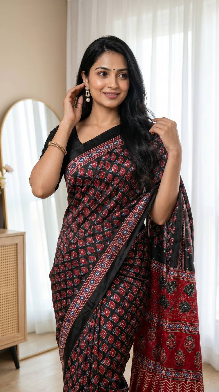 Women’s Soft Satin Ajrakh Print Saree with Real Mirror Work & Moti Latkan Pallu