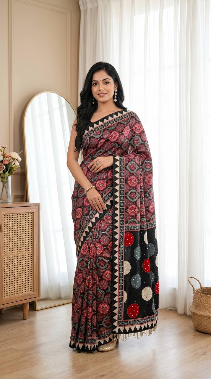 Women’s Soft Satin Ajrakh Print Saree with Real Mirror Work & Moti Latkan Pallu