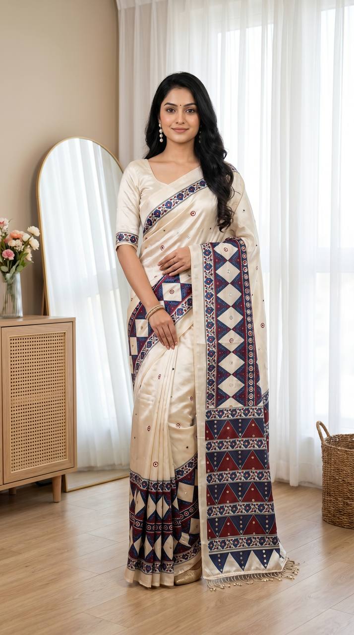 Women’s Soft Satin Ajrakh Print Saree with Real Mirror Work & Moti Latkan Pallu