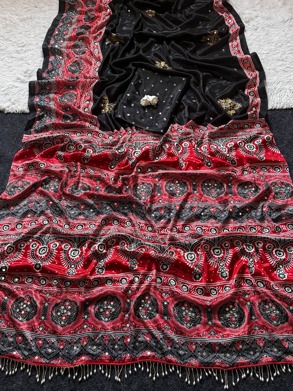 Women’s Soft Satin Ajrakh Print Saree with Real Mirror Work & Moti Latkan Pallu