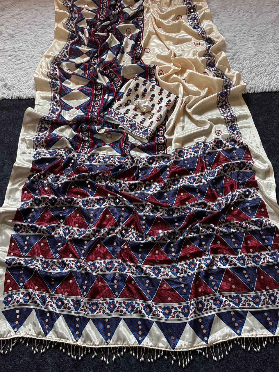 Women’s Soft Satin Ajrakh Print Saree with Real Mirror Work & Moti Latkan Pallu