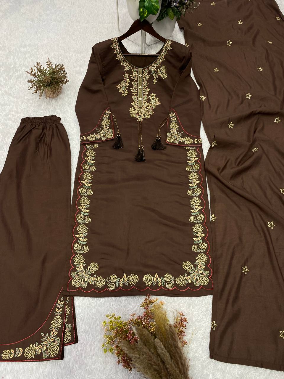 Roman Silk Embroidered Kurti Palazzo Set with Dupatta Online | Surmira Fashion