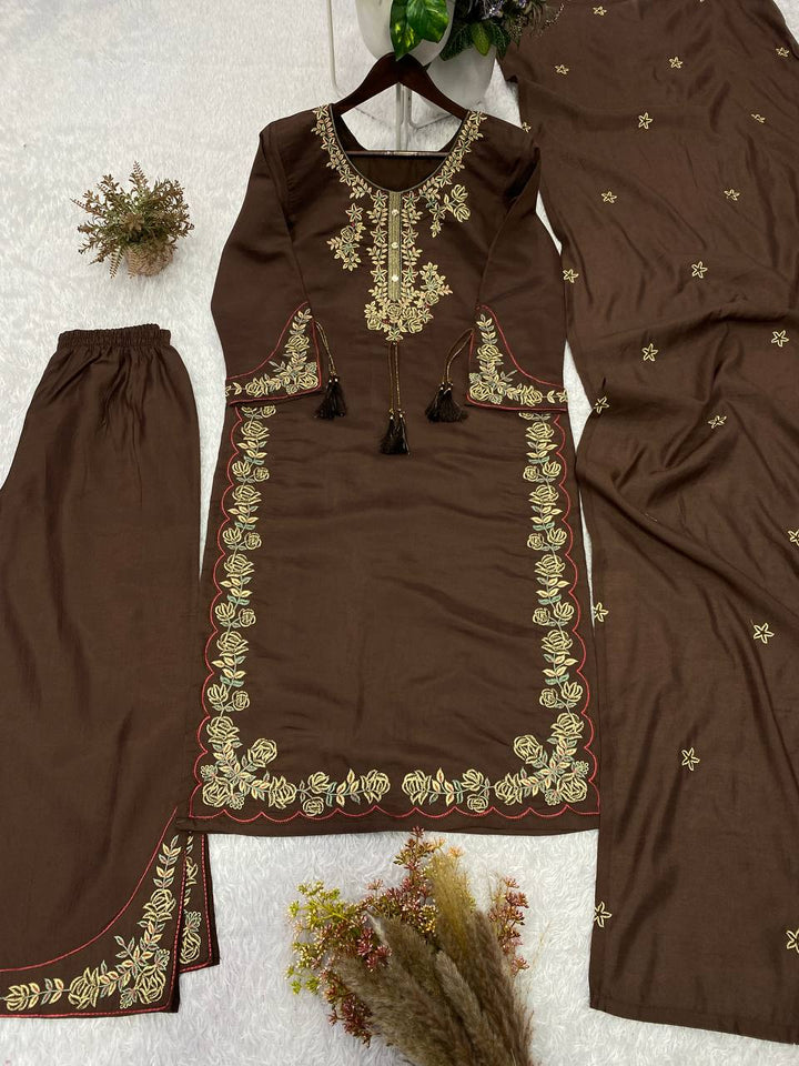 Roman Silk Embroidered Kurti Palazzo Set with Dupatta Online | Surmira Fashion