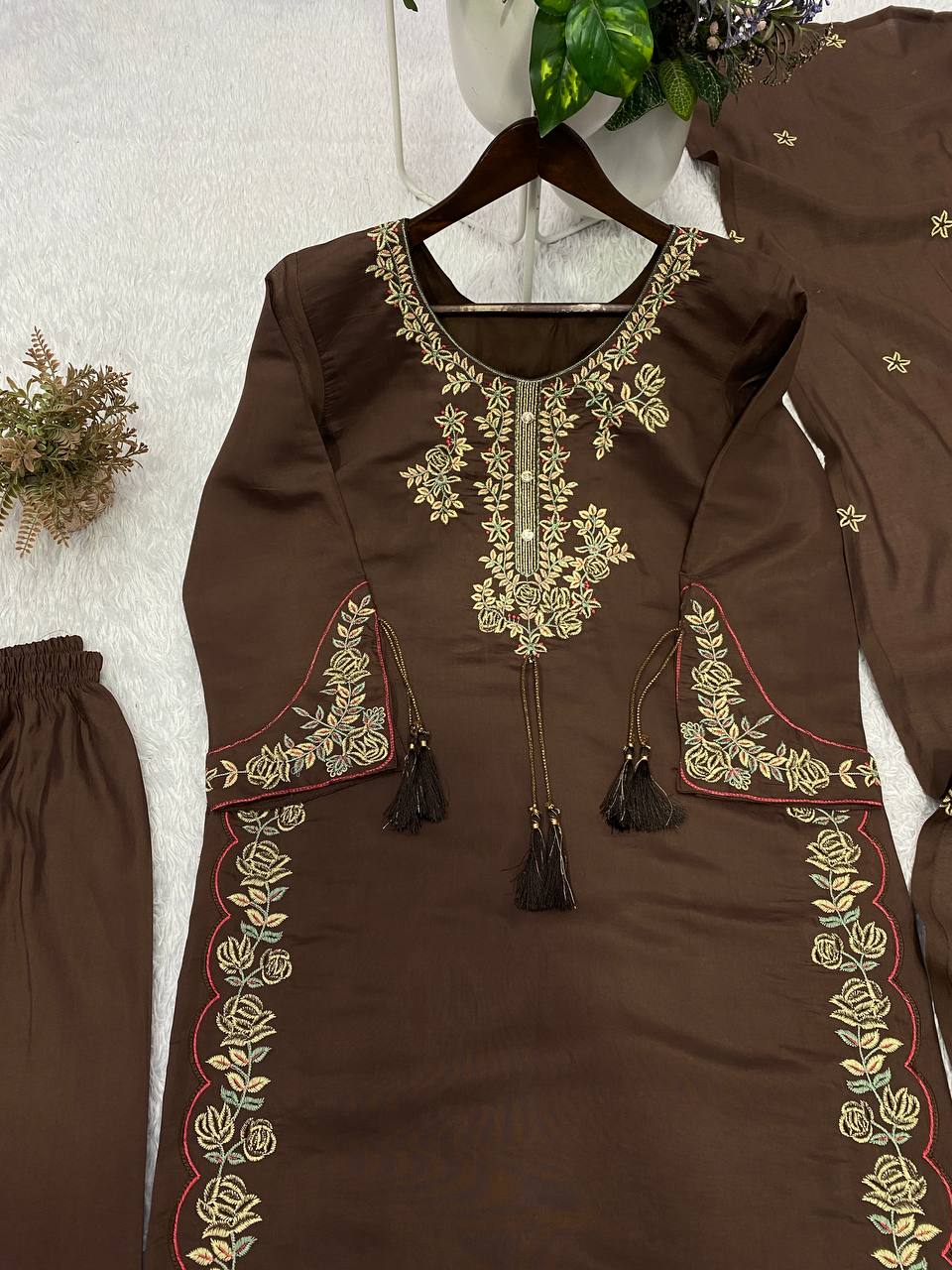 Roman Silk Embroidered Kurti Palazzo Set with Dupatta Online | Surmira Fashion