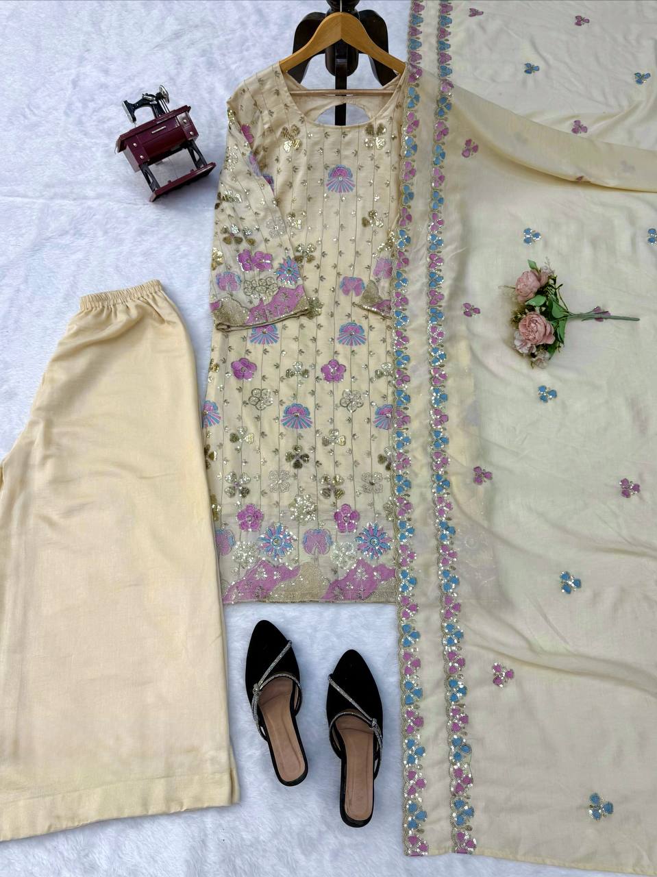 Heavy Thread & Sequence Work Vichitra Silk Kurti Set