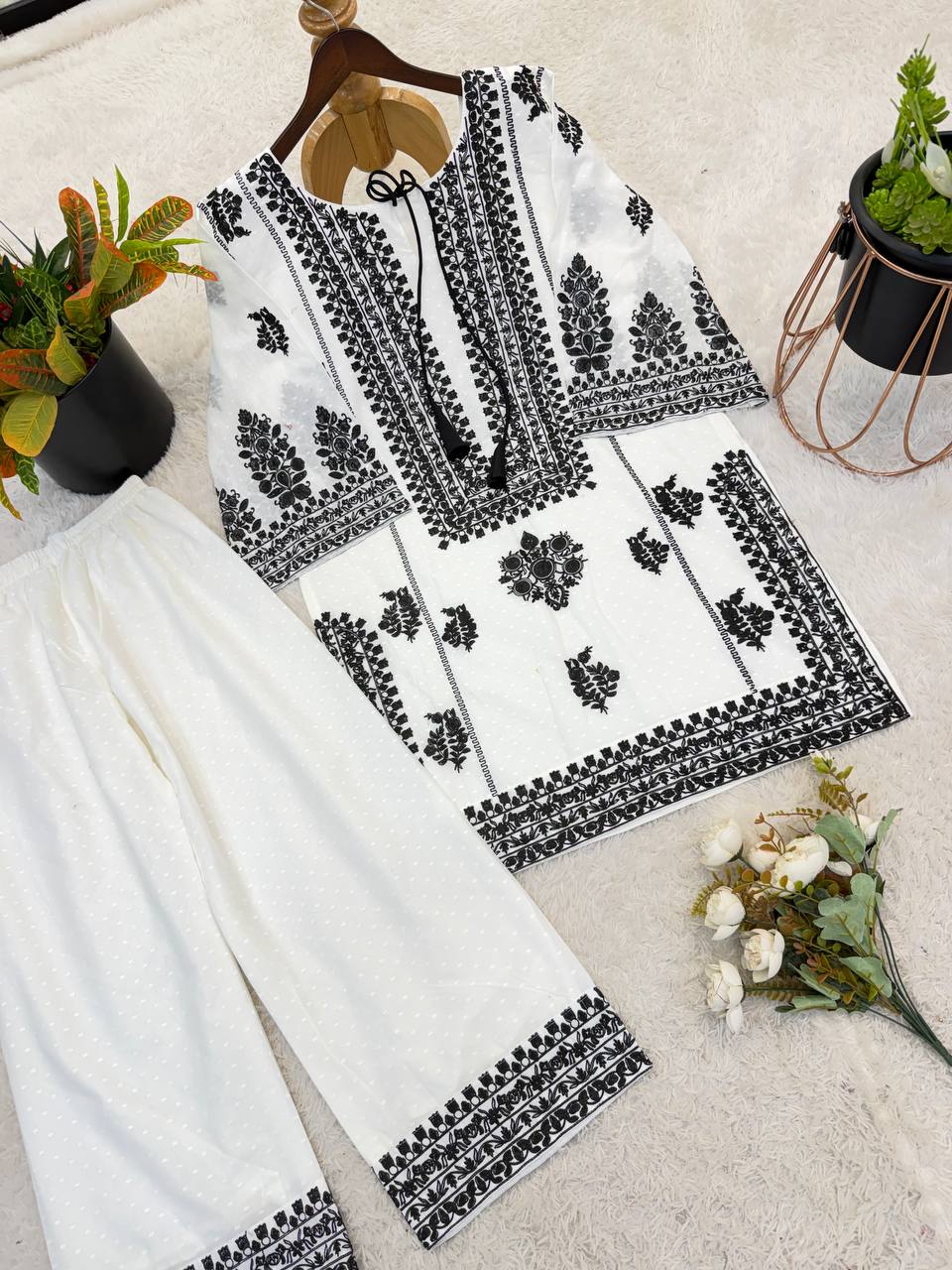 Women's Rayon Butti Silk Embroidered Kurti Pant Set