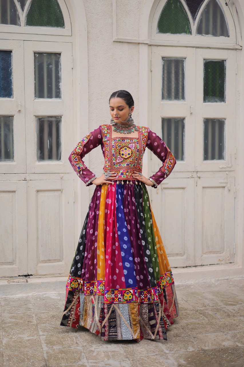 Women’s Georgette Lehenga Choli with Kutchi Gamthi Work & Vintage Print SurMira Fashion