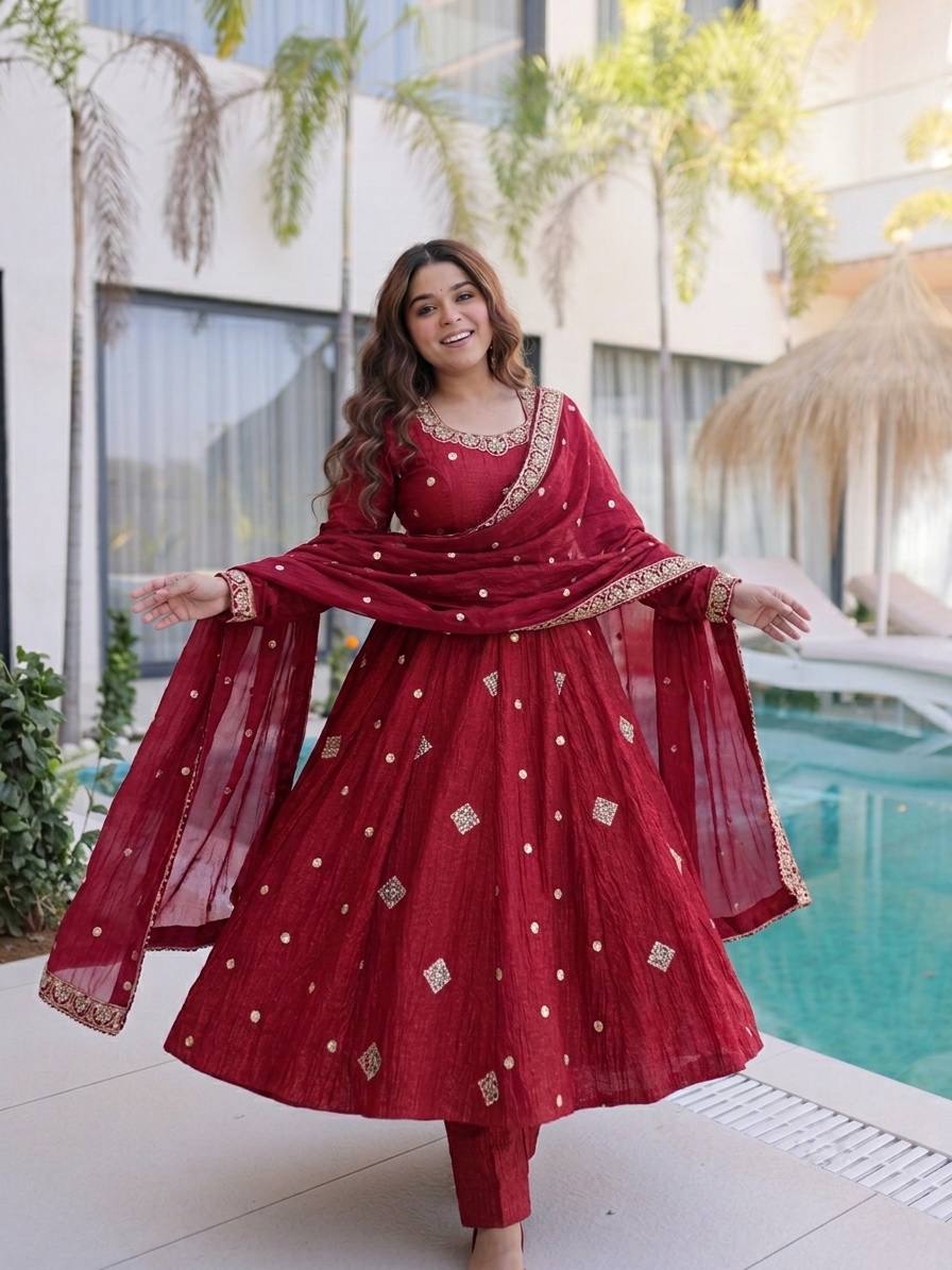 Premium Crunchy Silk Gown with Embroidered Dupatta