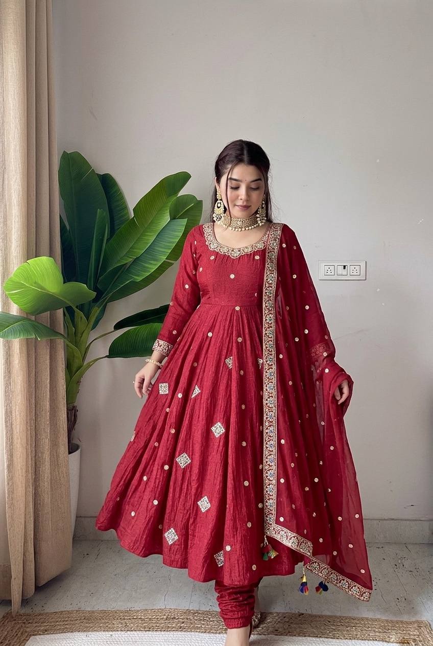Premium Crunchy Silk Gown with Embroidered Dupatta