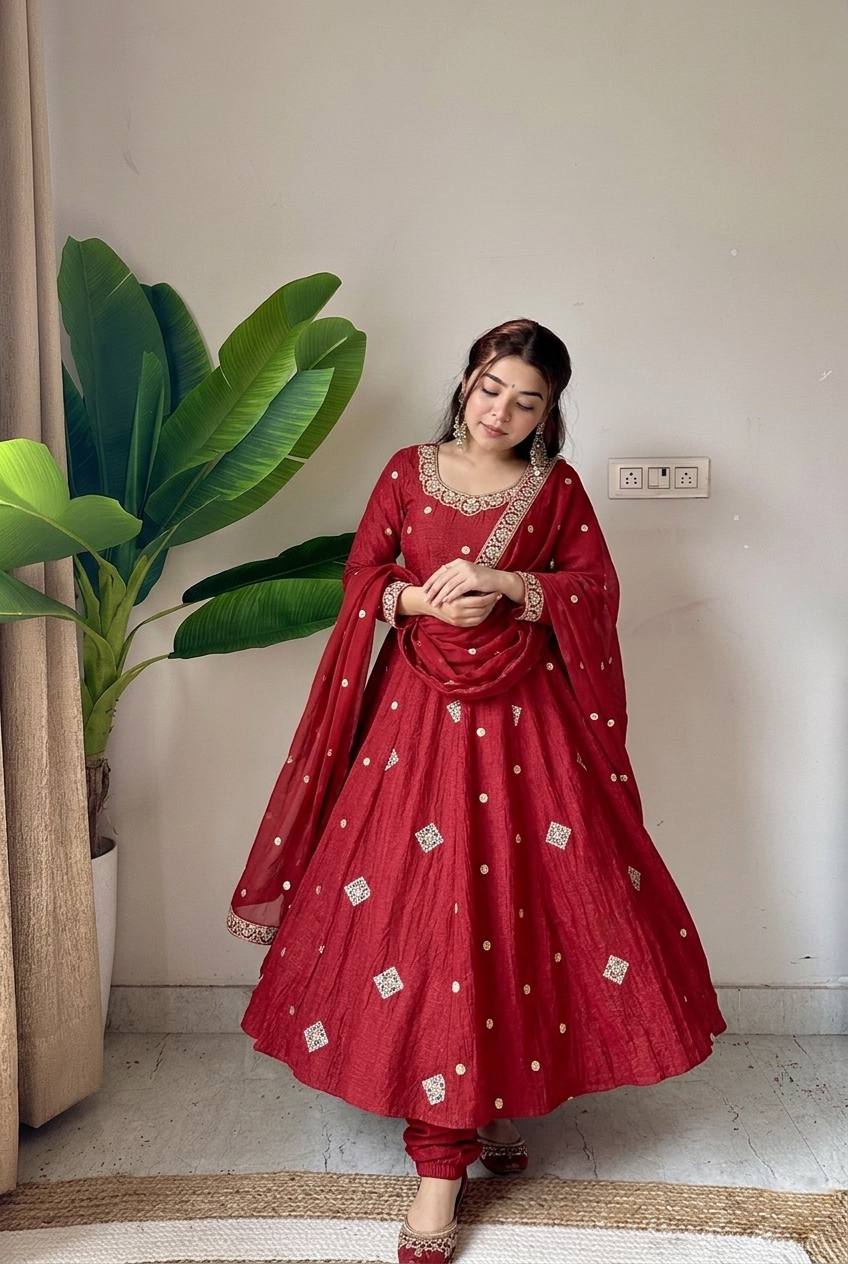 Premium Crunchy Silk Gown with Embroidered Dupatta