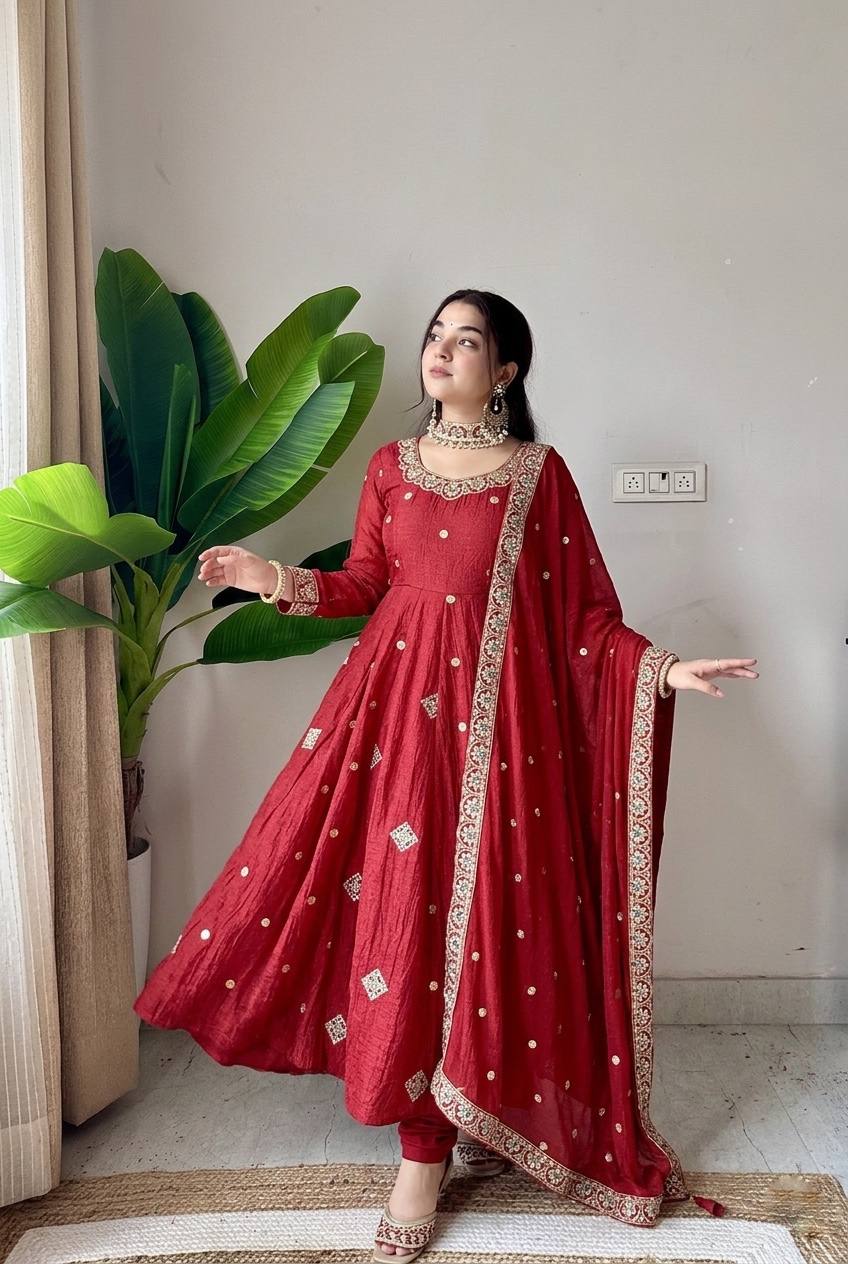 Premium Crunchy Silk Gown with Embroidered Dupatta