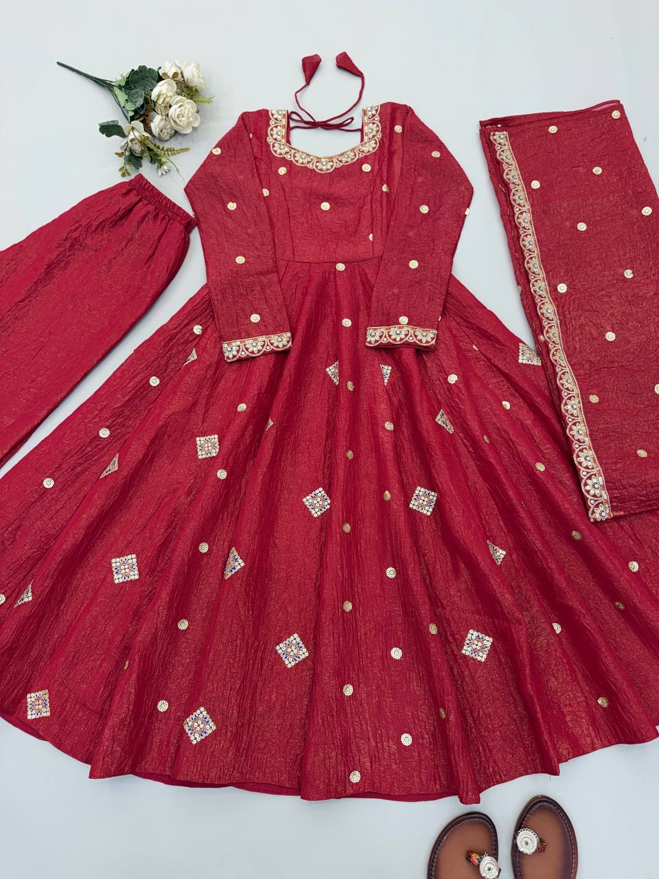 Premium Crunchy Silk Gown with Embroidered Dupatta