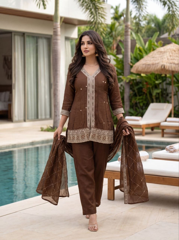 Designer Vichitra Silk Kurta Pant Set with Embroidered Dupatta SurMira Fashion