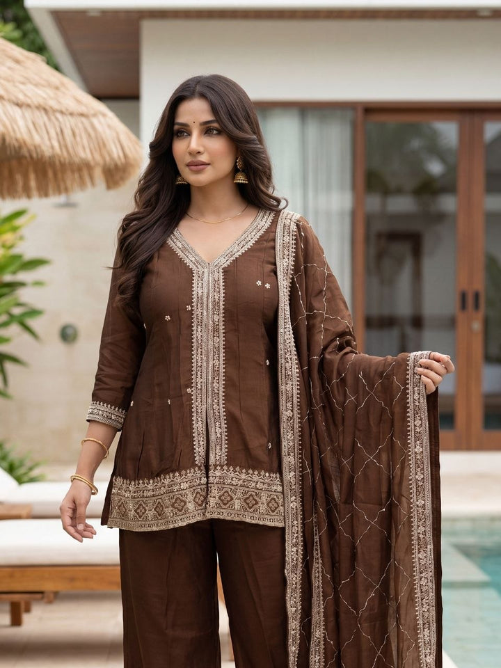 Designer Vichitra Silk Kurta Pant Set with Embroidered Dupatta SurMira Fashion