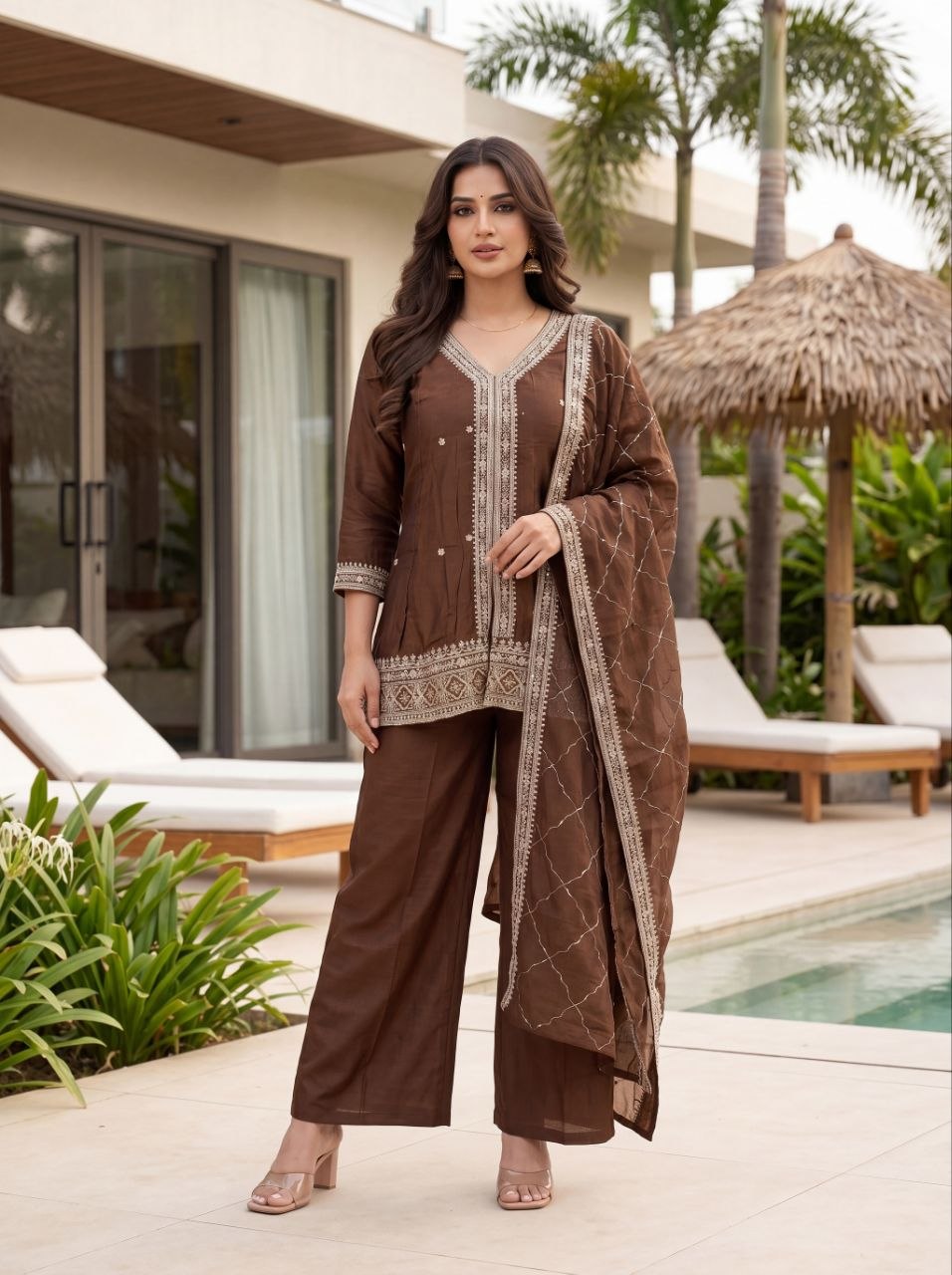 Designer Vichitra Silk Kurta Pant Set with Embroidered Dupatta