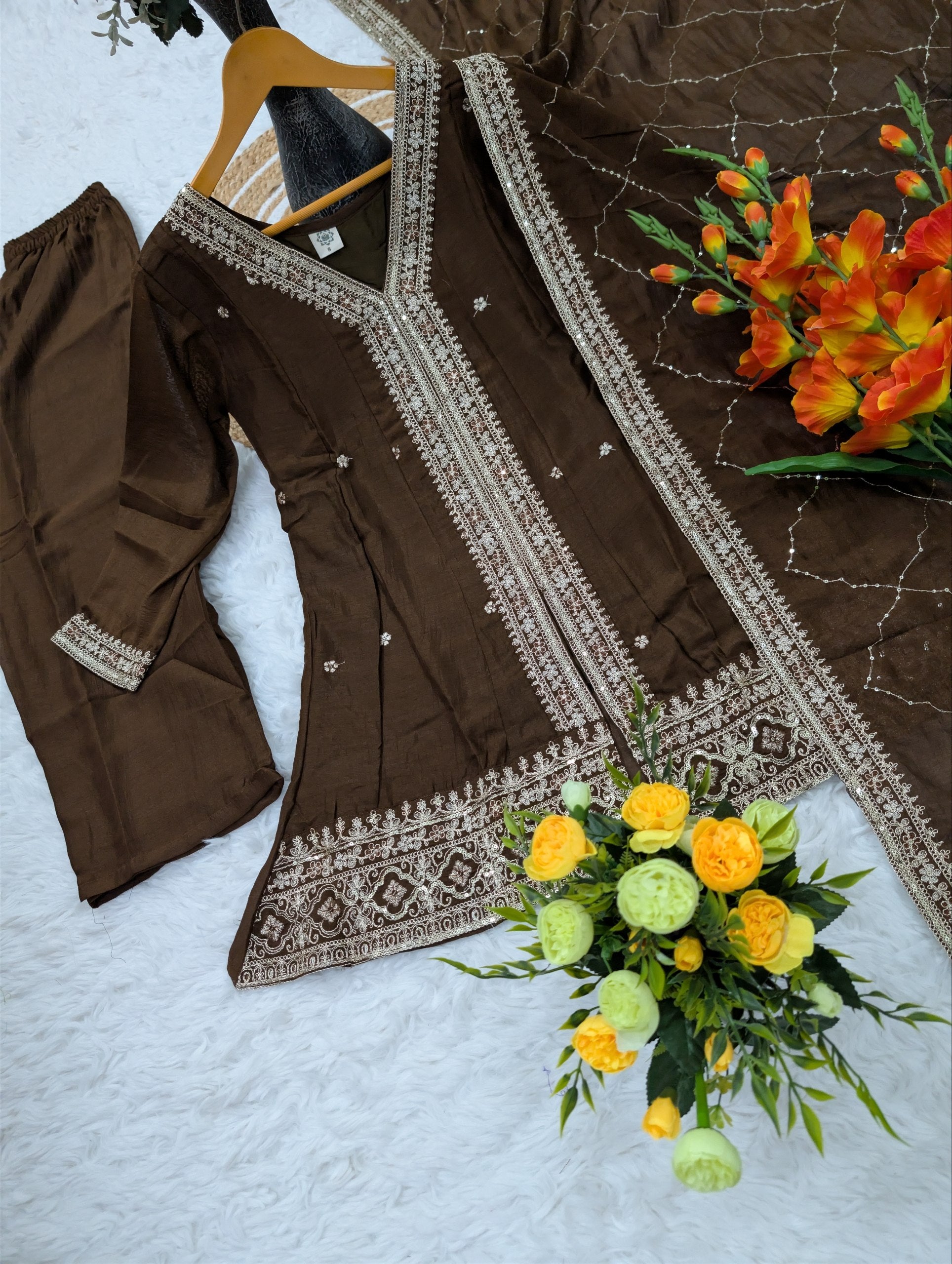 Designer Vichitra Silk Kurta Pant Set with Embroidered Dupatta