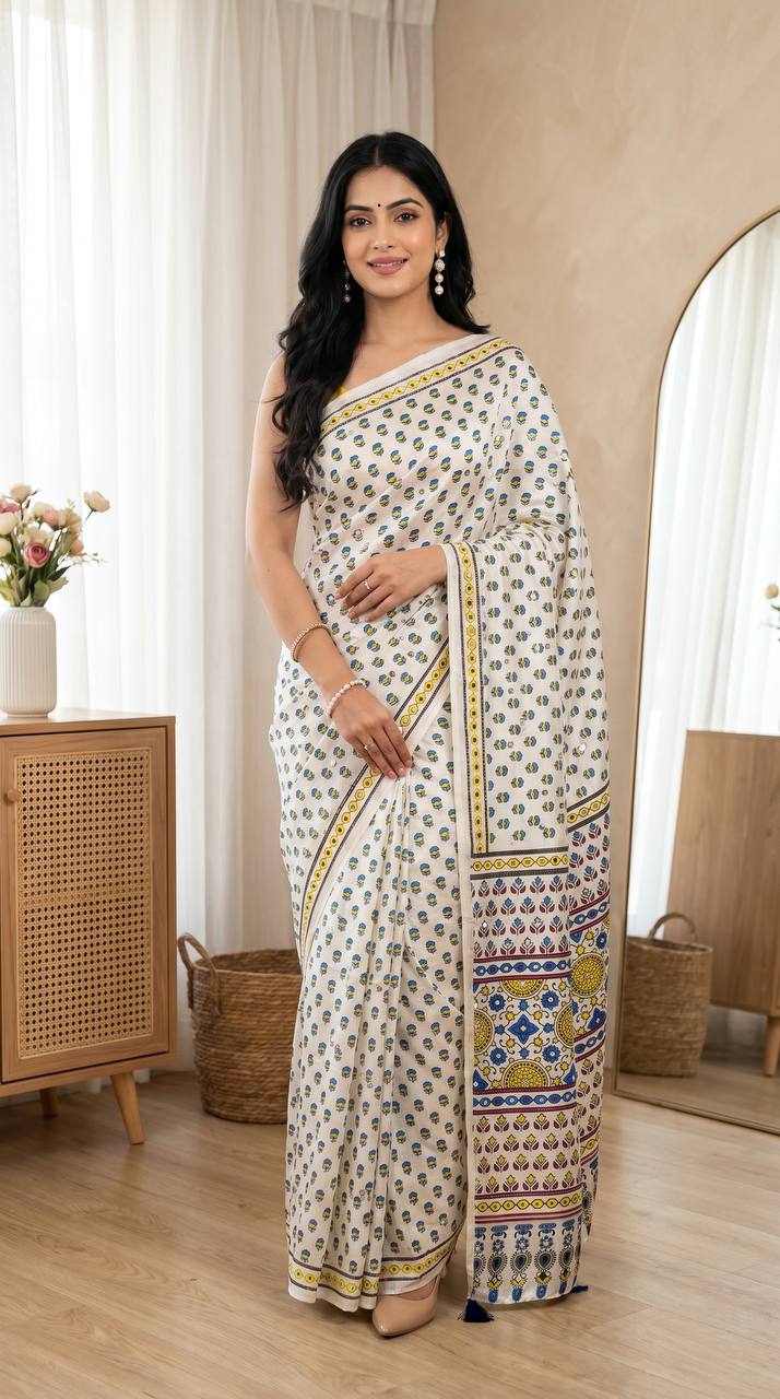 Premium Ajrakh Print Saree with Real Mirror Work